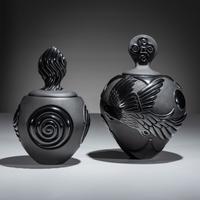 Carved Blackware Pottery Vases, Macaws and Swirls