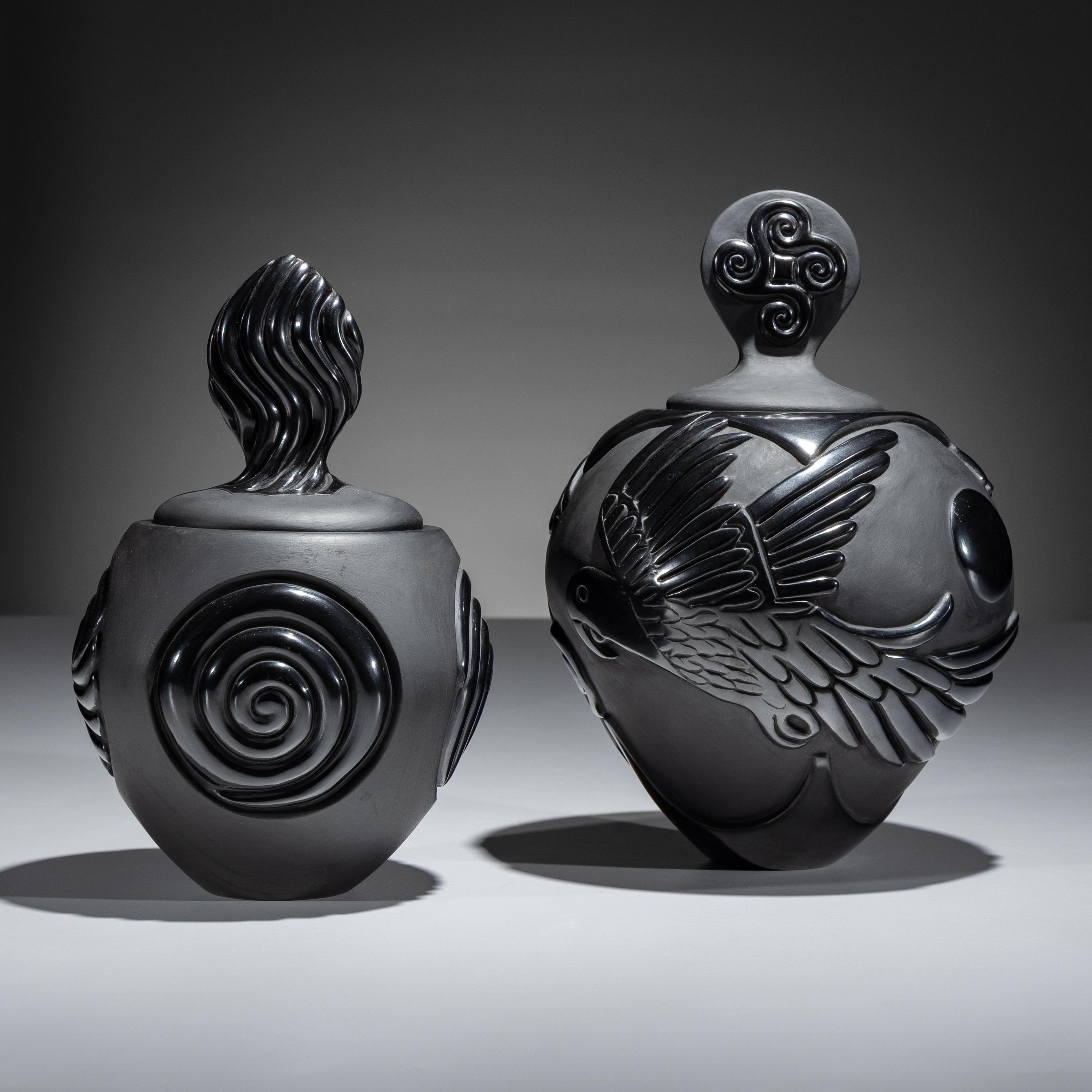 Carved Blackware Pottery Vases, Macaws and Swirls