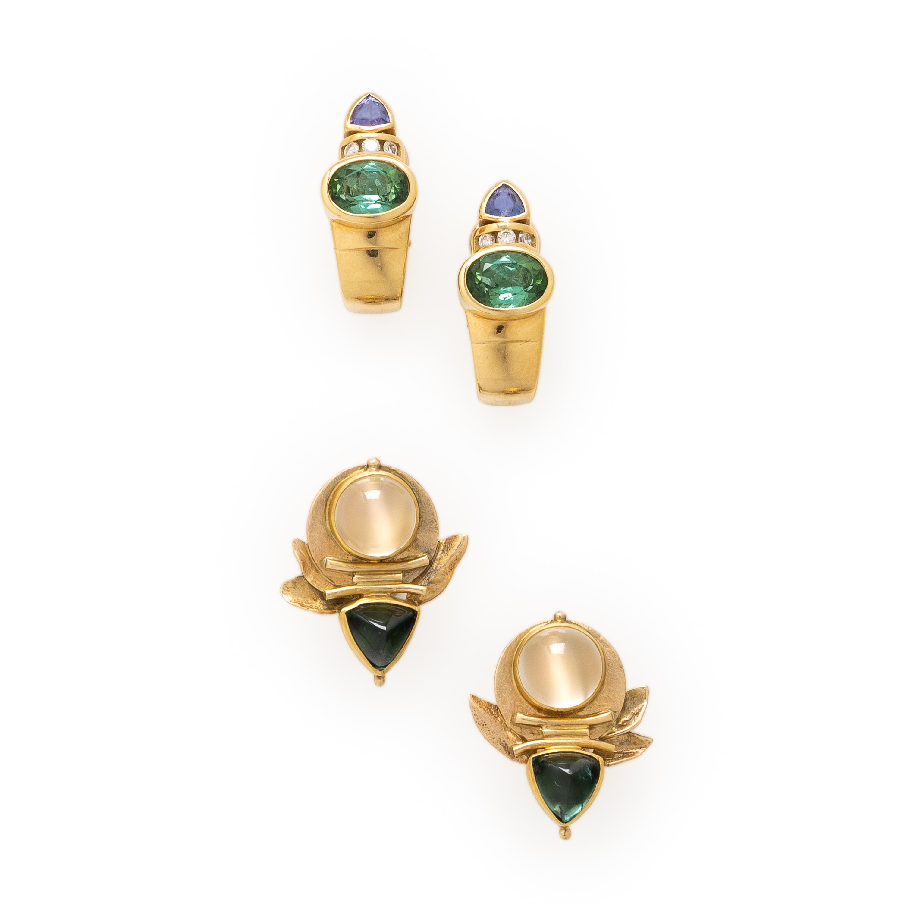 Two Pairs of Yellow Gold and Multigem Earrings