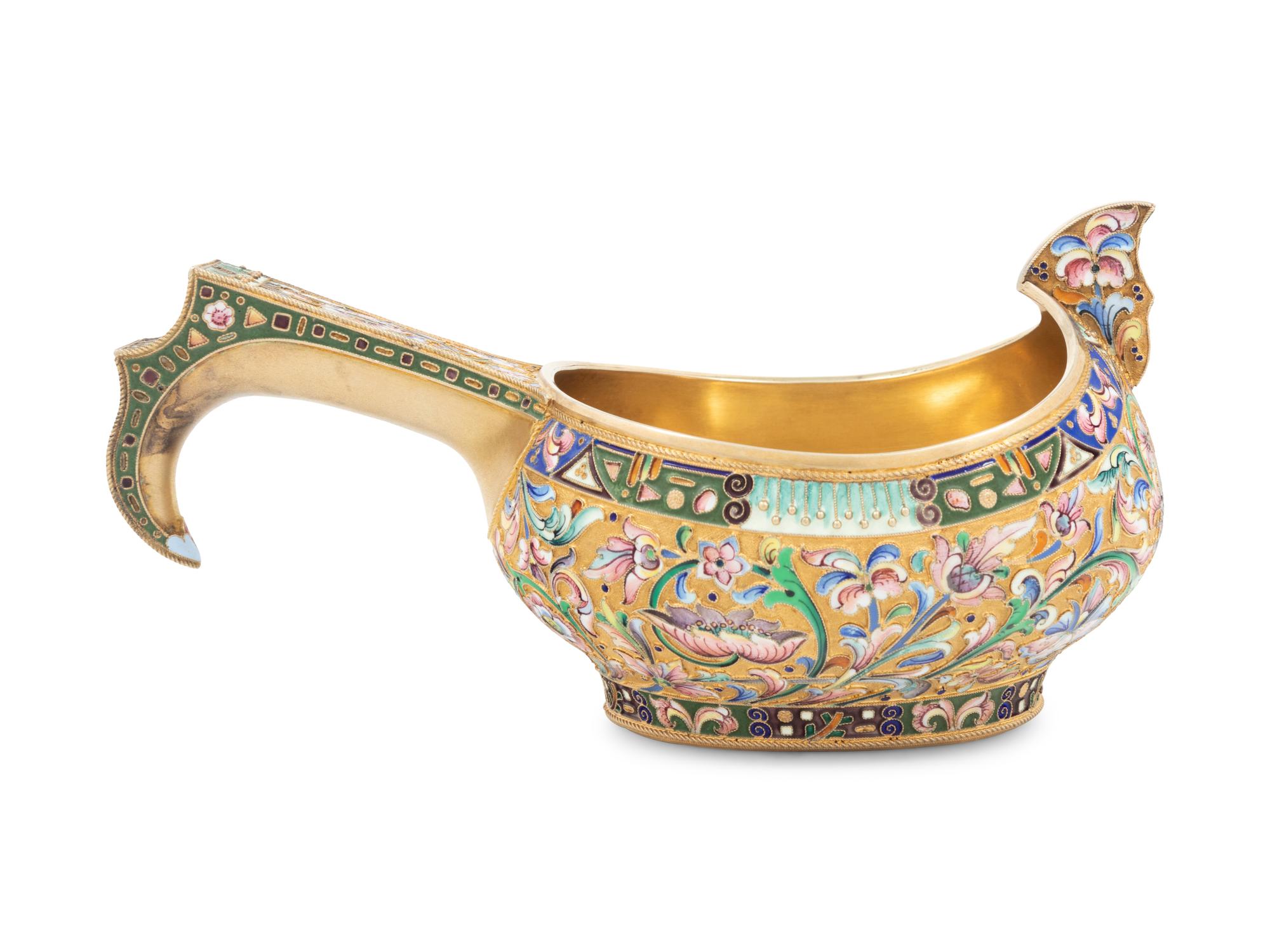 A Large Russian Shaded Enamel Silver-Gilt Kovsh