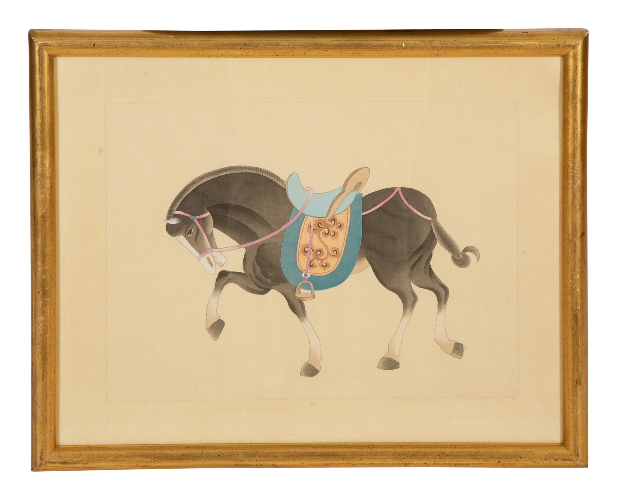 A Group of Four Chinese Gilt Framed Watercolors of Horses