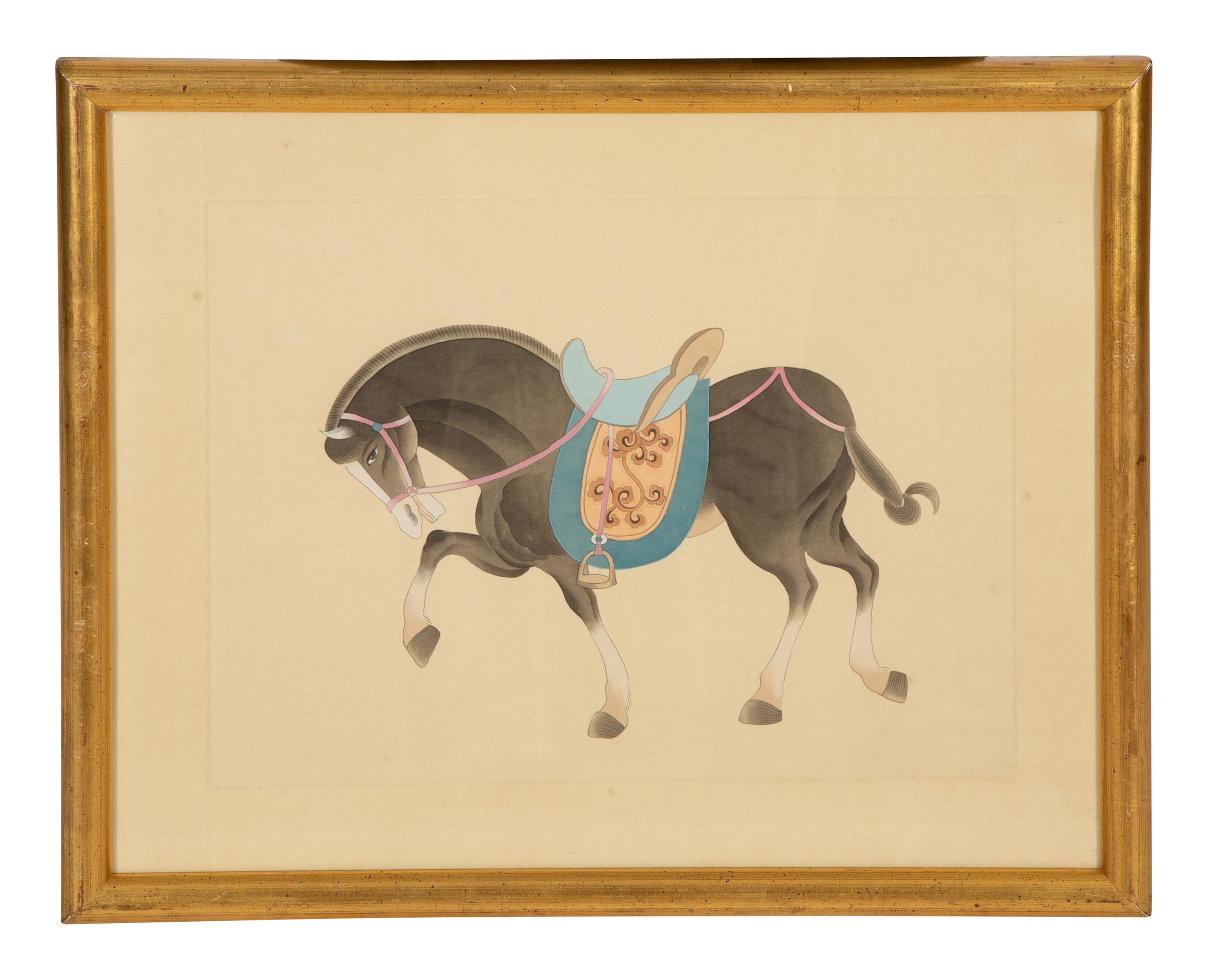 A Group of Four Chinese Gilt Framed Watercolors of Horses