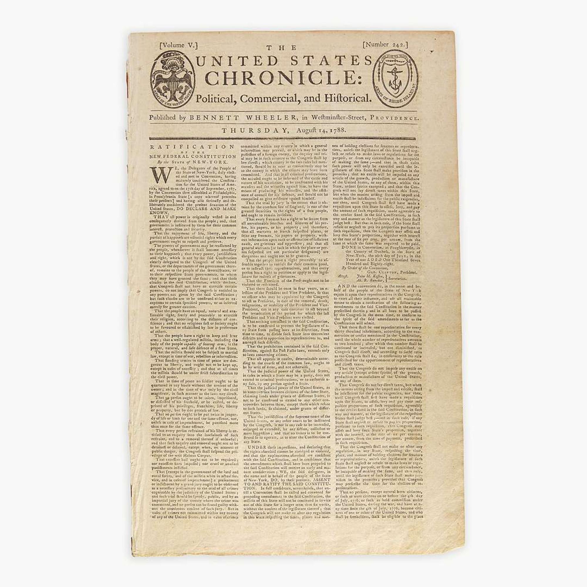 [Hamilton, Alexander] [Constitution] The United States Chronicle: Political, Commercial, and Historical
