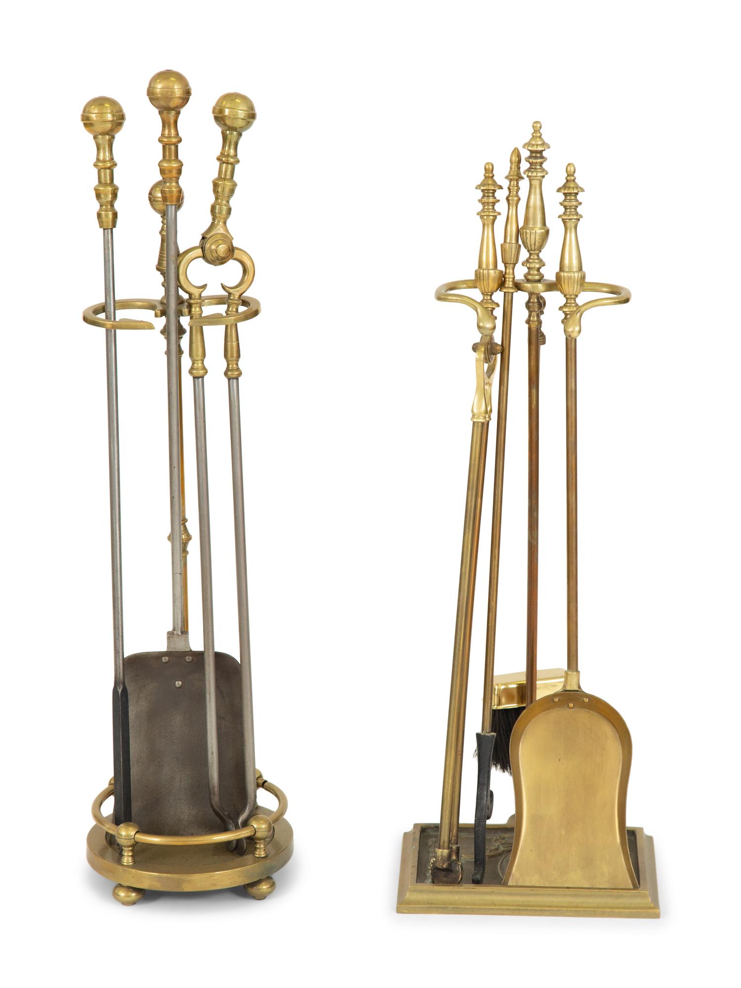 Two Sets of Brass Fire Tools and a Pair of Brass Andirons