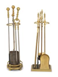 Two Sets of Brass Fire Tools and a Pair of Brass Andirons