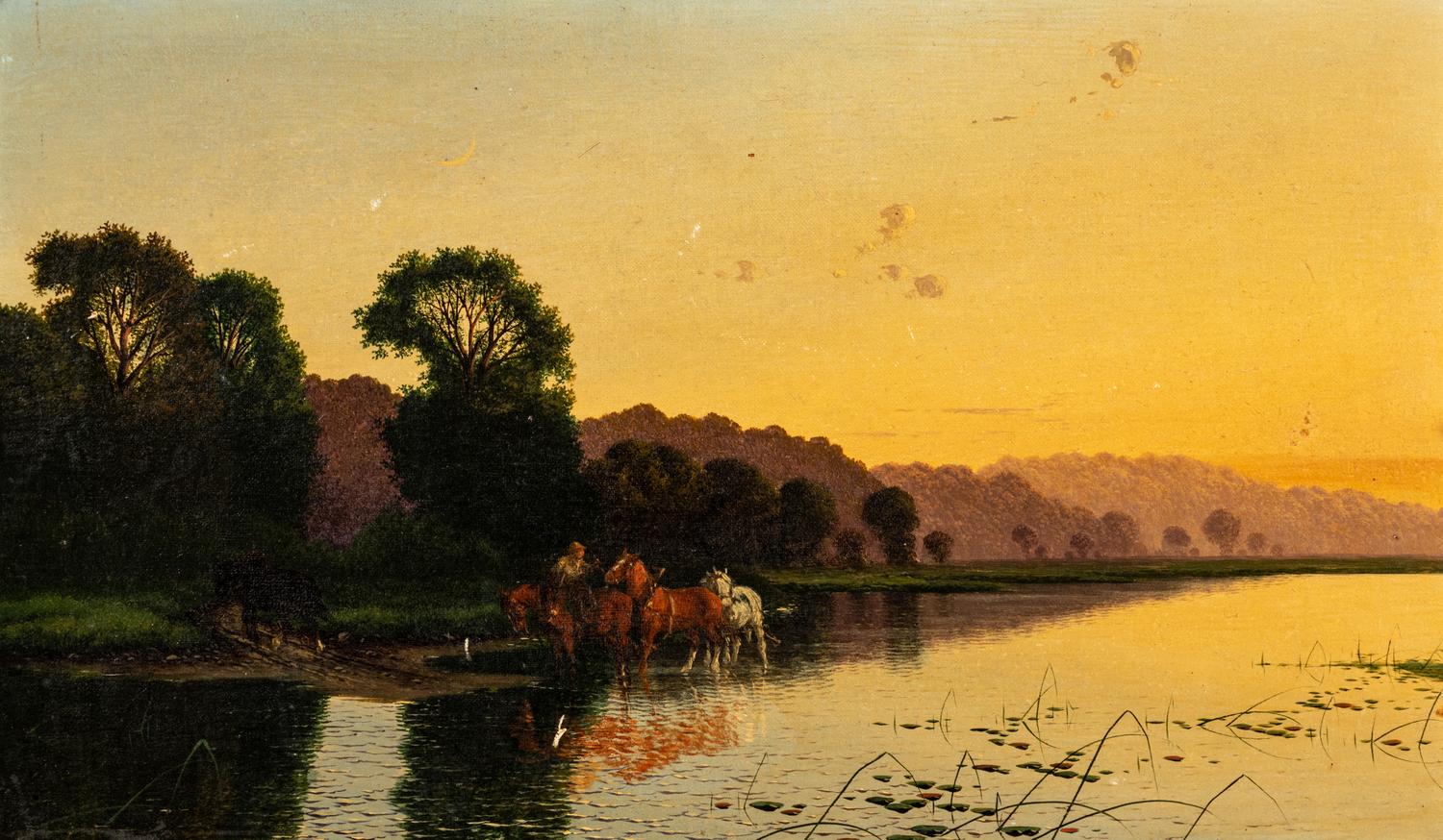 Three Cows Watering in Pastoral Landscape
