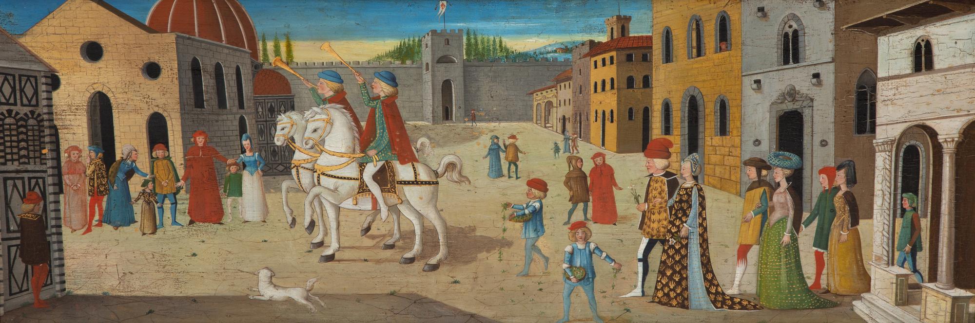 An Italian Renaissance Style Carved, Painted and Parcel Gilt Cassone
