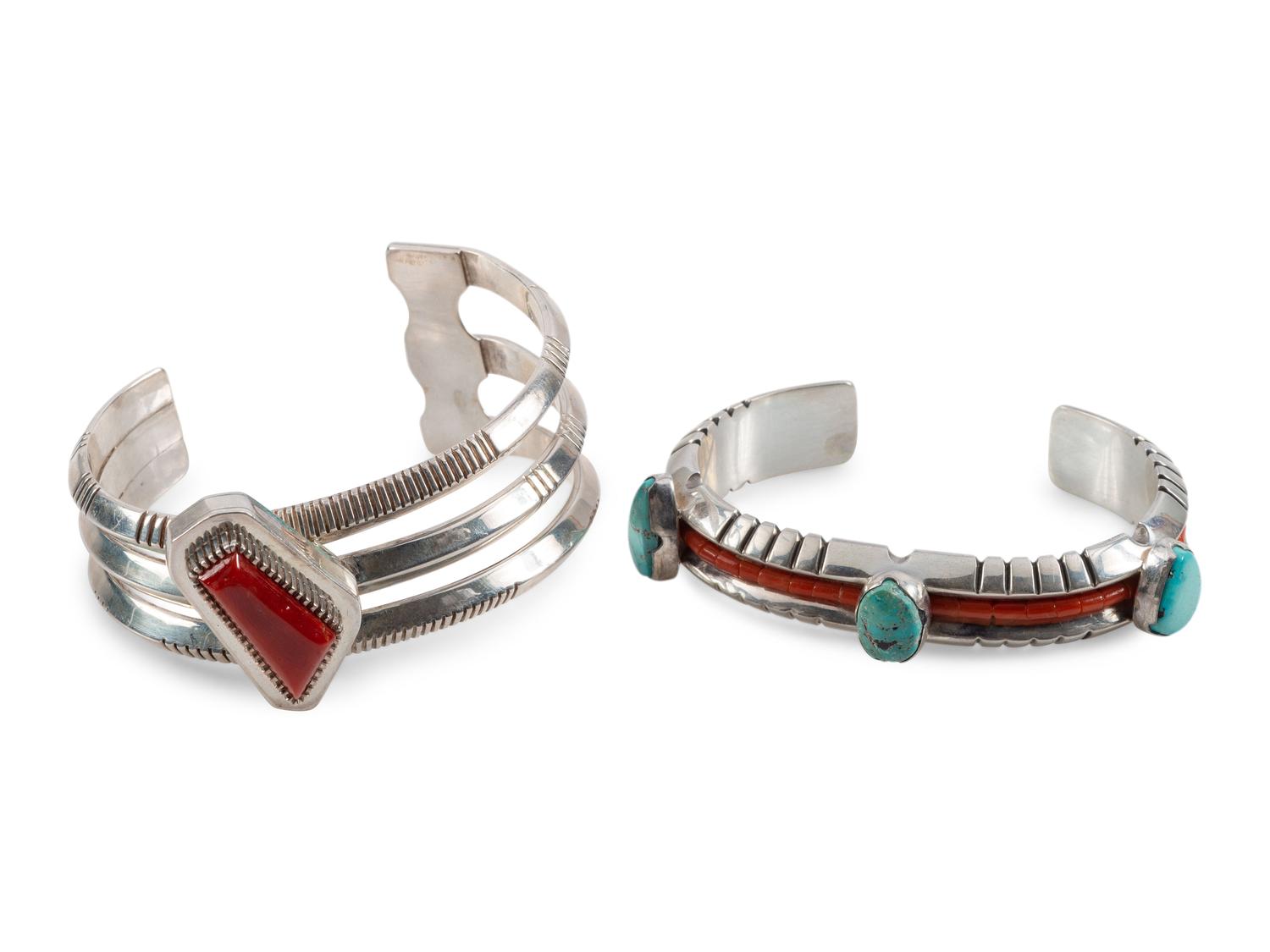 Navajo Silver, Turquoise, and Coral Contemporary Cuff Bracelets