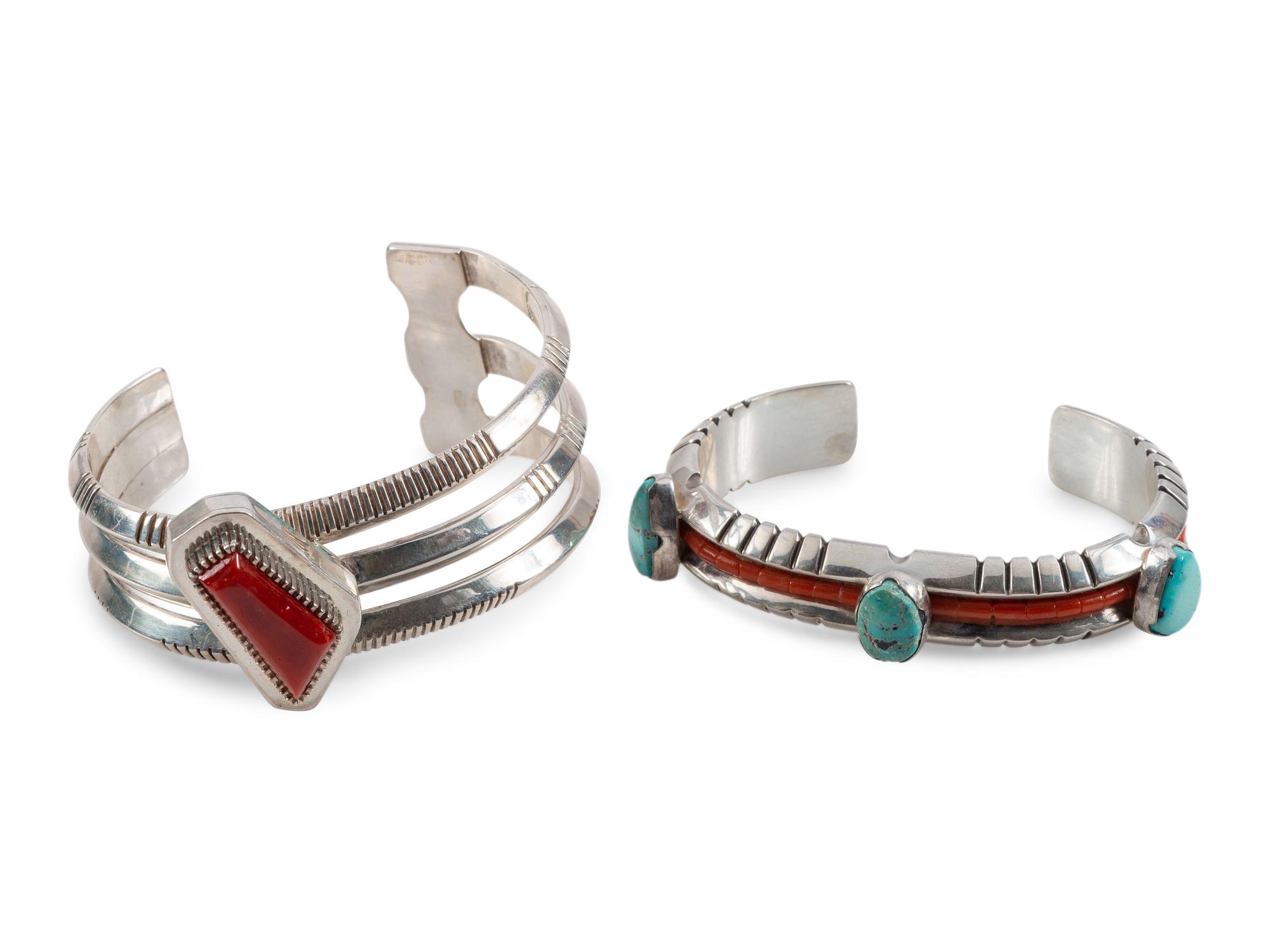 Navajo Silver, Turquoise, and Coral Contemporary Cuff Bracelets