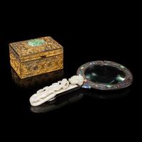 Two Chinese Jade and Jadeite Inset Lady's Accessories, Early 20th Century — 民國 累絲嵌寳首飾盒及手把鏡一組