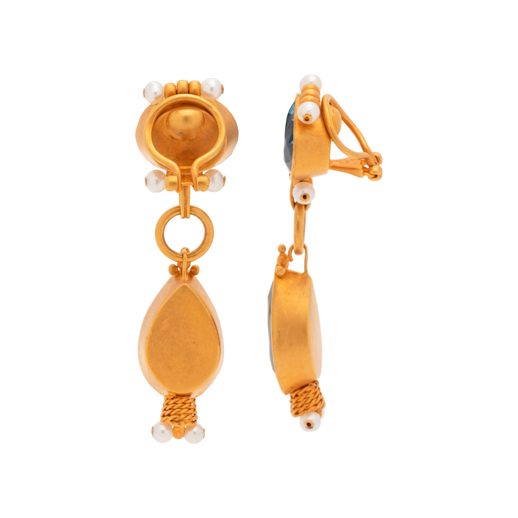 SYNTHETIC SPINEL AND CULTURED PEARL DROP EARCLIPS