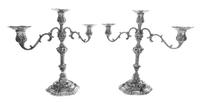 A Pair of American Silver Three-Light Candelabra, Marshall Field & Co., Chicago, IL, worked to show C-scroll, floral, foliate and putti
