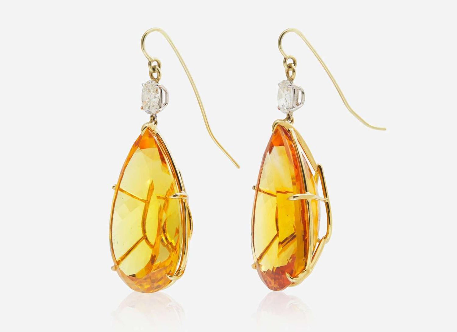 A Pair of Prominent Citrine and Diamond Earrings