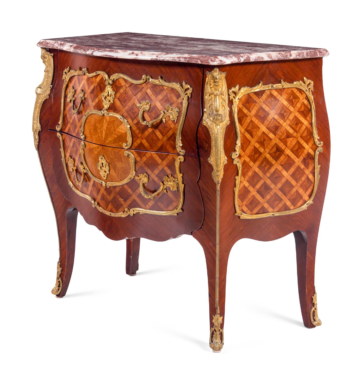 A Louis XV Style Gilt Bronze Mounted Parquetry Marble-Top Commode