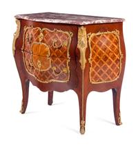 A Louis XV Style Gilt Bronze Mounted Parquetry Marble-Top Commode