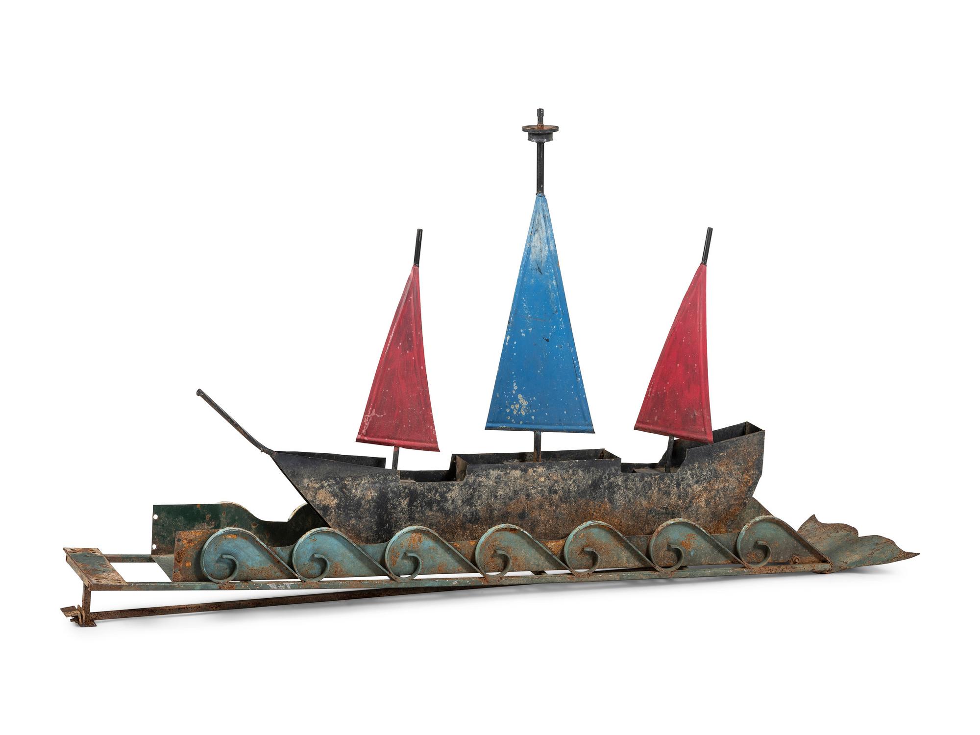 A Folk Art Painted Sheet Iron Three-Mast Ship with Waves