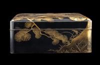 A Large Japanese Mother-of-Pearl Inlaid Gold and Black Lacquer Stationary Box and Cover, Bunko, Meiji Period 日本明治時代 蒔繪嵌螺鈿孔雀圖文箱