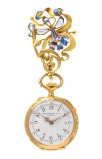 An Art Nouveau Gold, Iolite, Diamond and Polychrome Enamel Lapel Watch, Patek Philippe, 17.70 dwts.