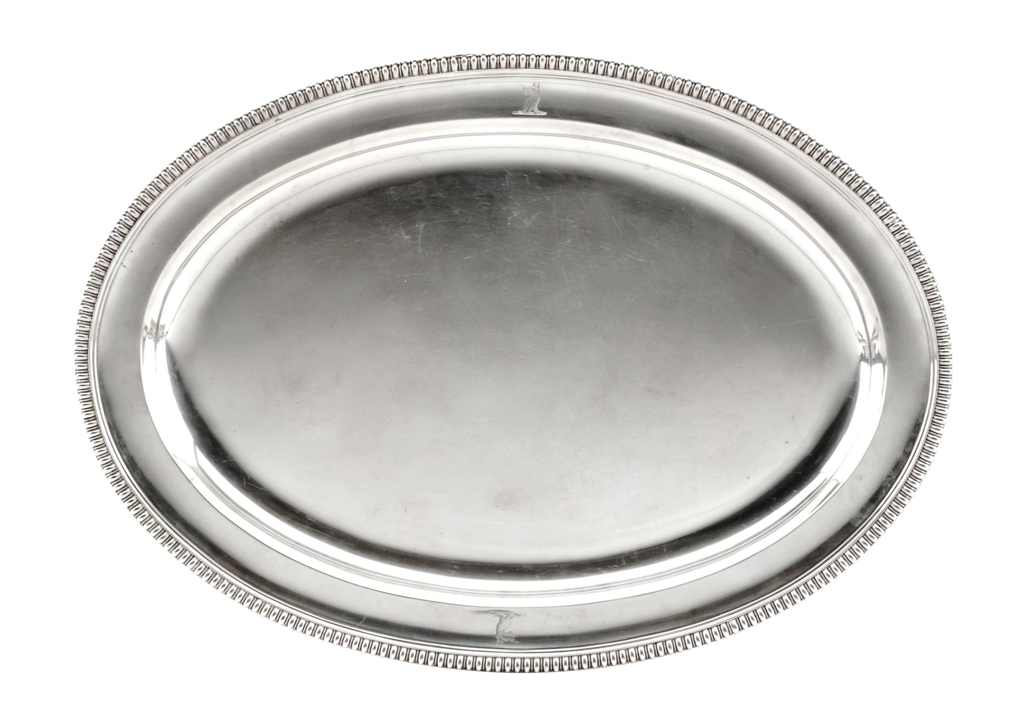 A George III Silver Tray, William Stroud, London, 1802, of oval form with a gadroon rim, the border with engraved crests.