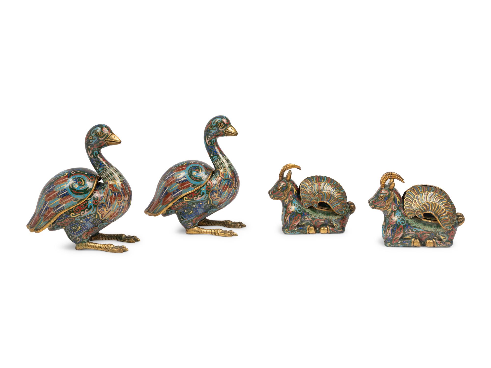 Two Pairs of Chinese Cloisonné Enamel Animal Form Vessels