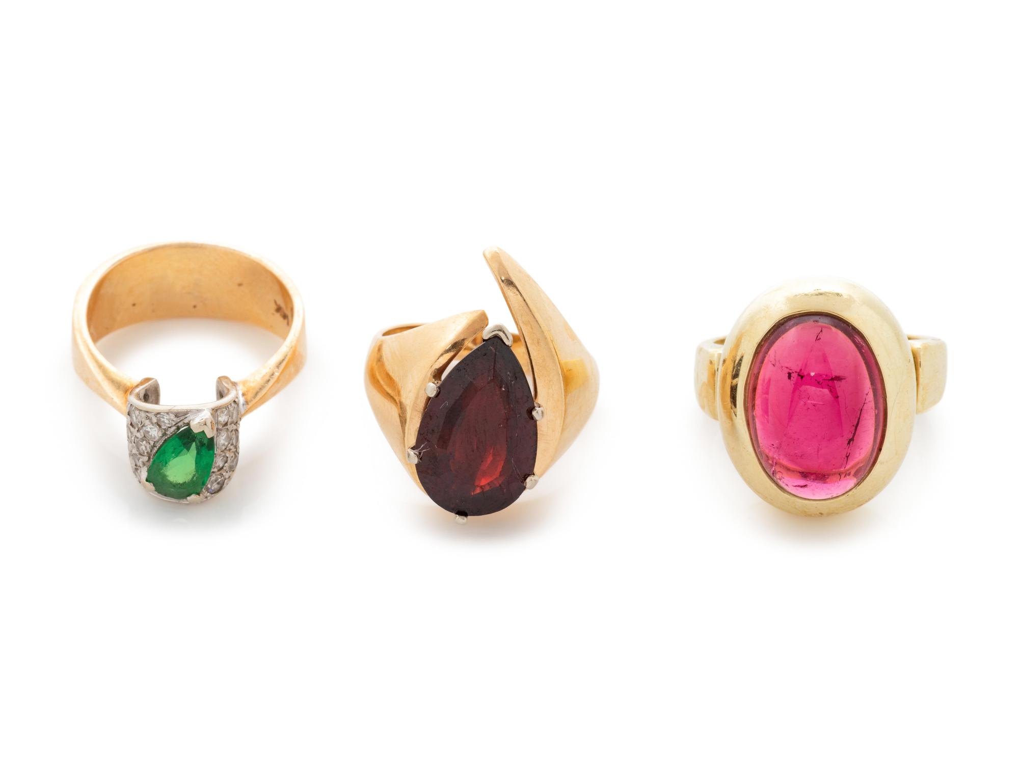 A Collection of 14 Karat Yellow Gold and Gemstone Rings,