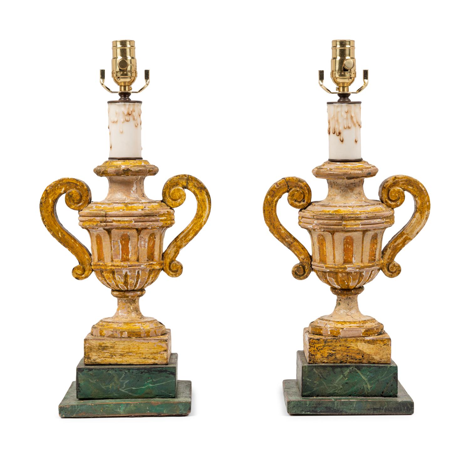 A Pair of Italian Painted Urn-Form Finials Mounted as Lamps