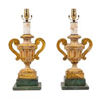A Pair of Italian Painted Urn-Form Finials Mounted as Lamps