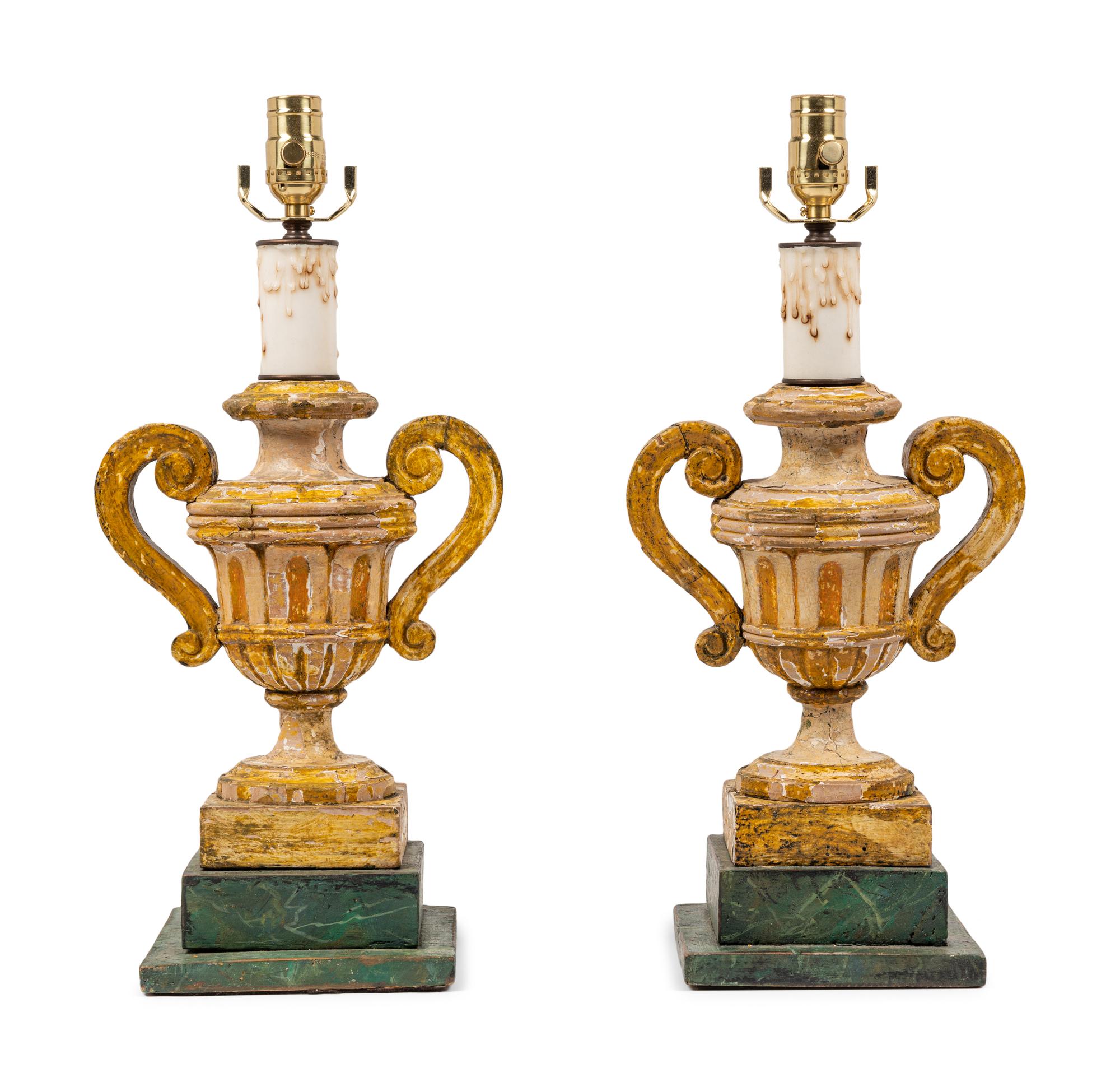 A Pair of Italian Painted Urn-Form Finials Mounted as Lamps