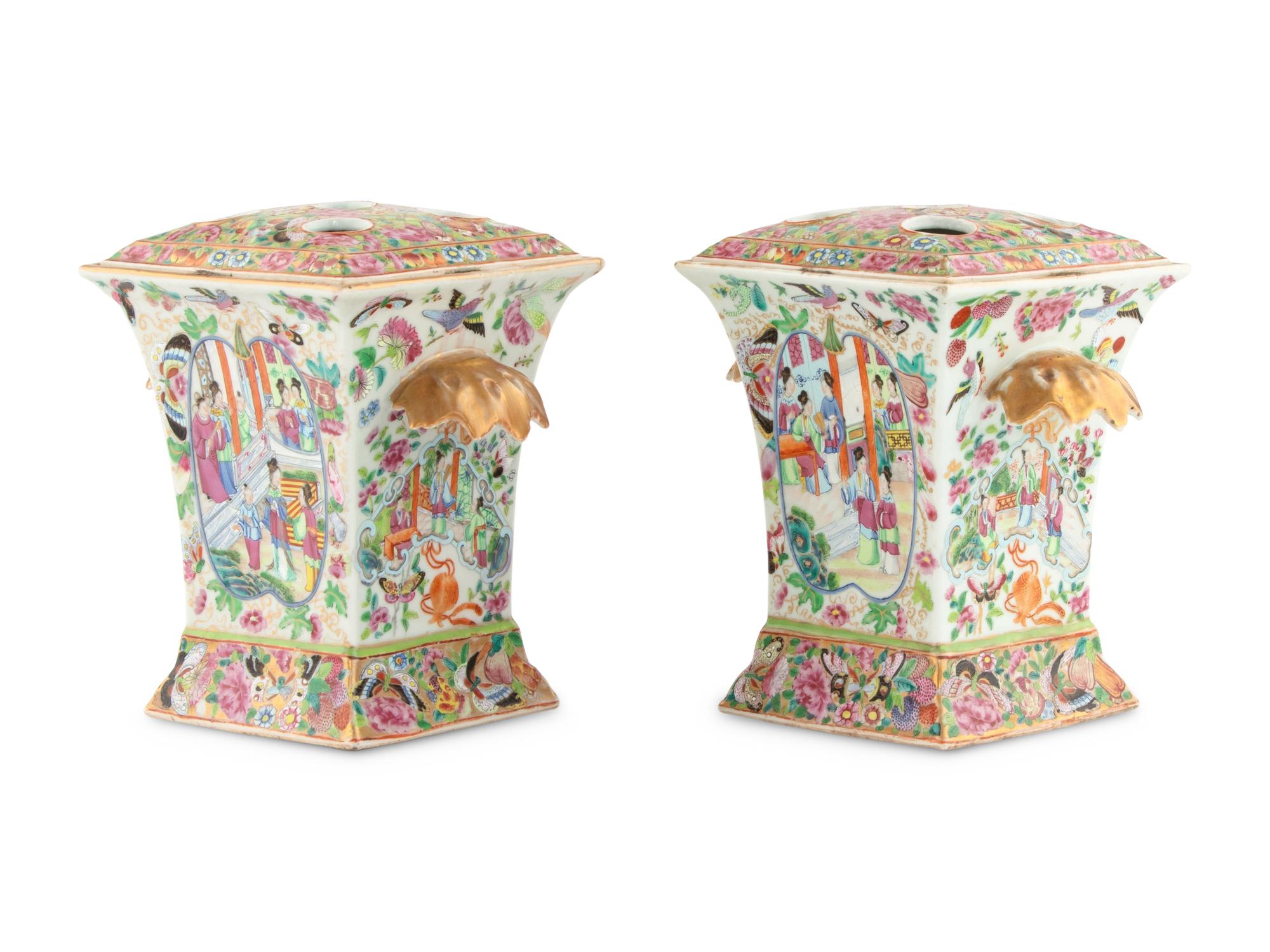 A Pair of Chinese Export Rose Medallion Covered Flower Vases