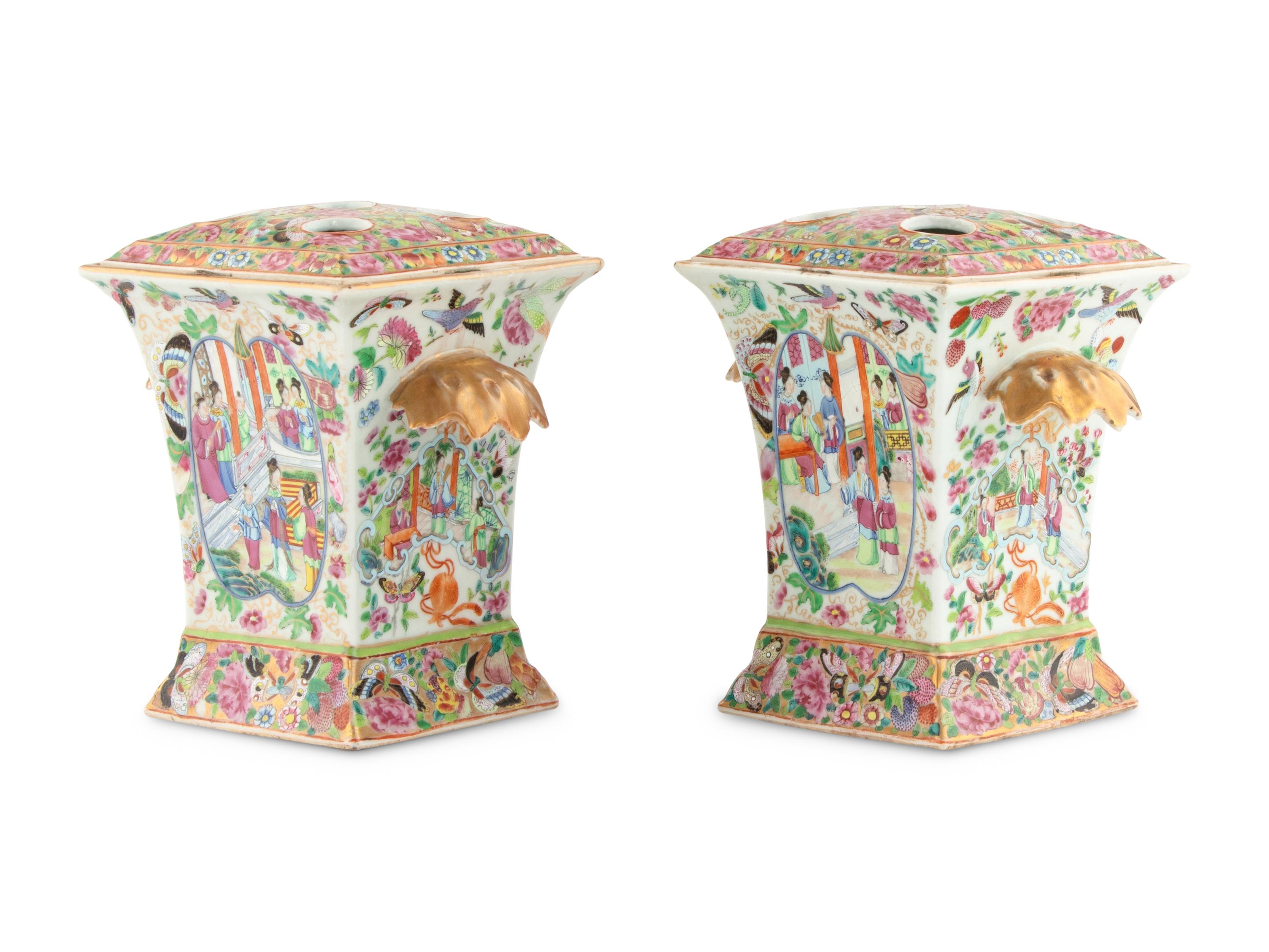 A Pair of Chinese Export Rose Medallion Covered Flower Vases