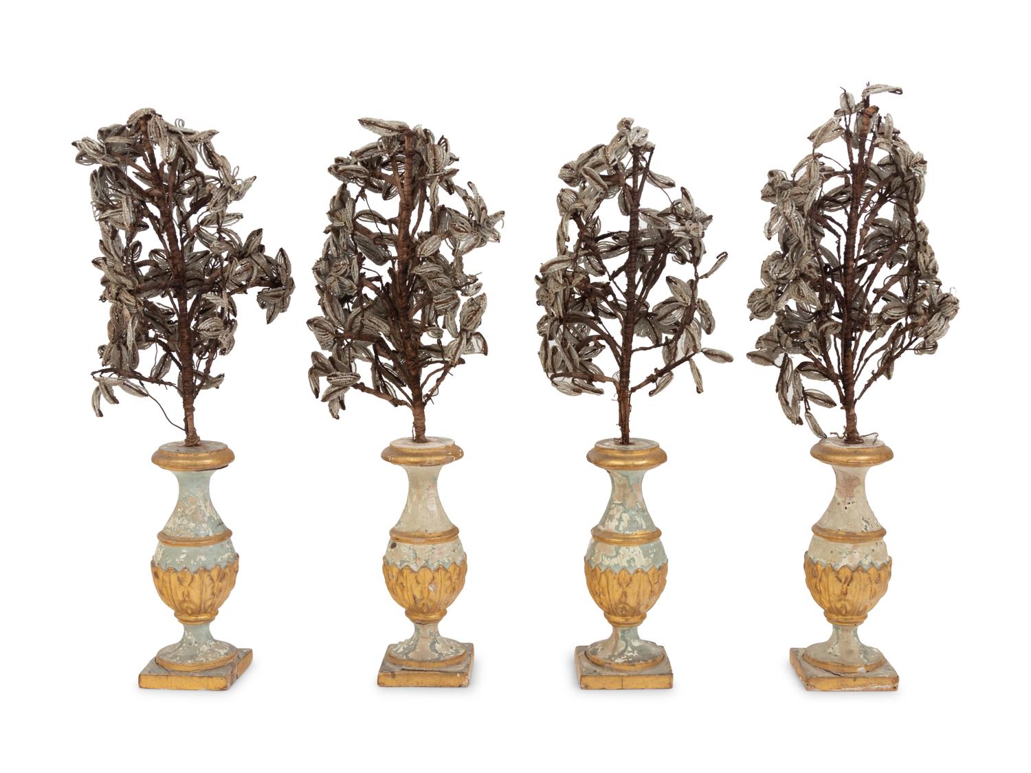 A Set of Four Continental Painted and Parcel Gilt Wood Vases Issuing Beaded Models of Flowering Trees