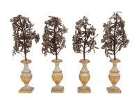 A Set of Four Continental Painted and Parcel Gilt Wood Vases Issuing Beaded Models of Flowering Trees