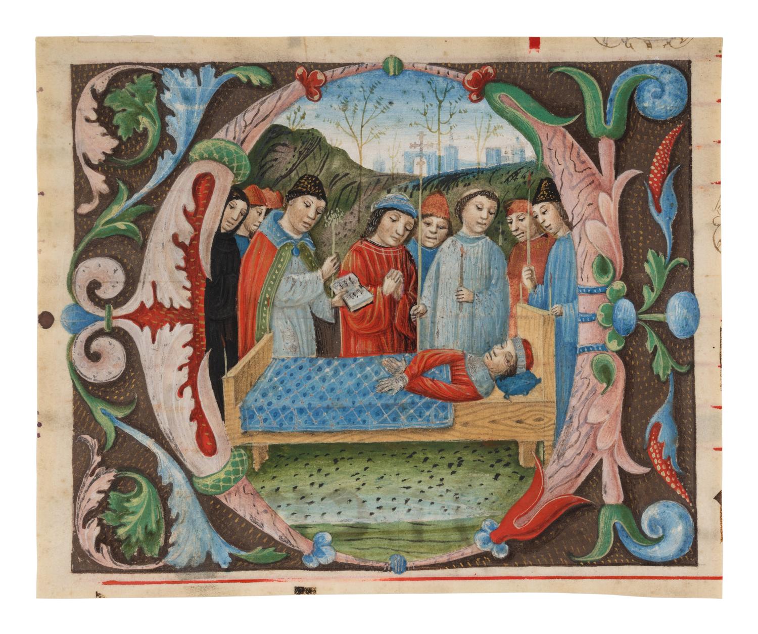 NORTH ITALIAN ILLUMINATOR A partial leaf from a Choir Book, with a historiated initial ‘C’ of the Funeral Service, in Latin, illuminated manuscript on parchment [Italy, Lombardy or Piedmont, c. 1490-1500]