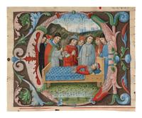 NORTH ITALIAN ILLUMINATOR A partial leaf from a Choir Book, with a historiated initial ‘C’ of the Funeral Service, in Latin, illuminated manuscript on parchment [Italy, Lombardy or Piedmont, c. 1490-1500]