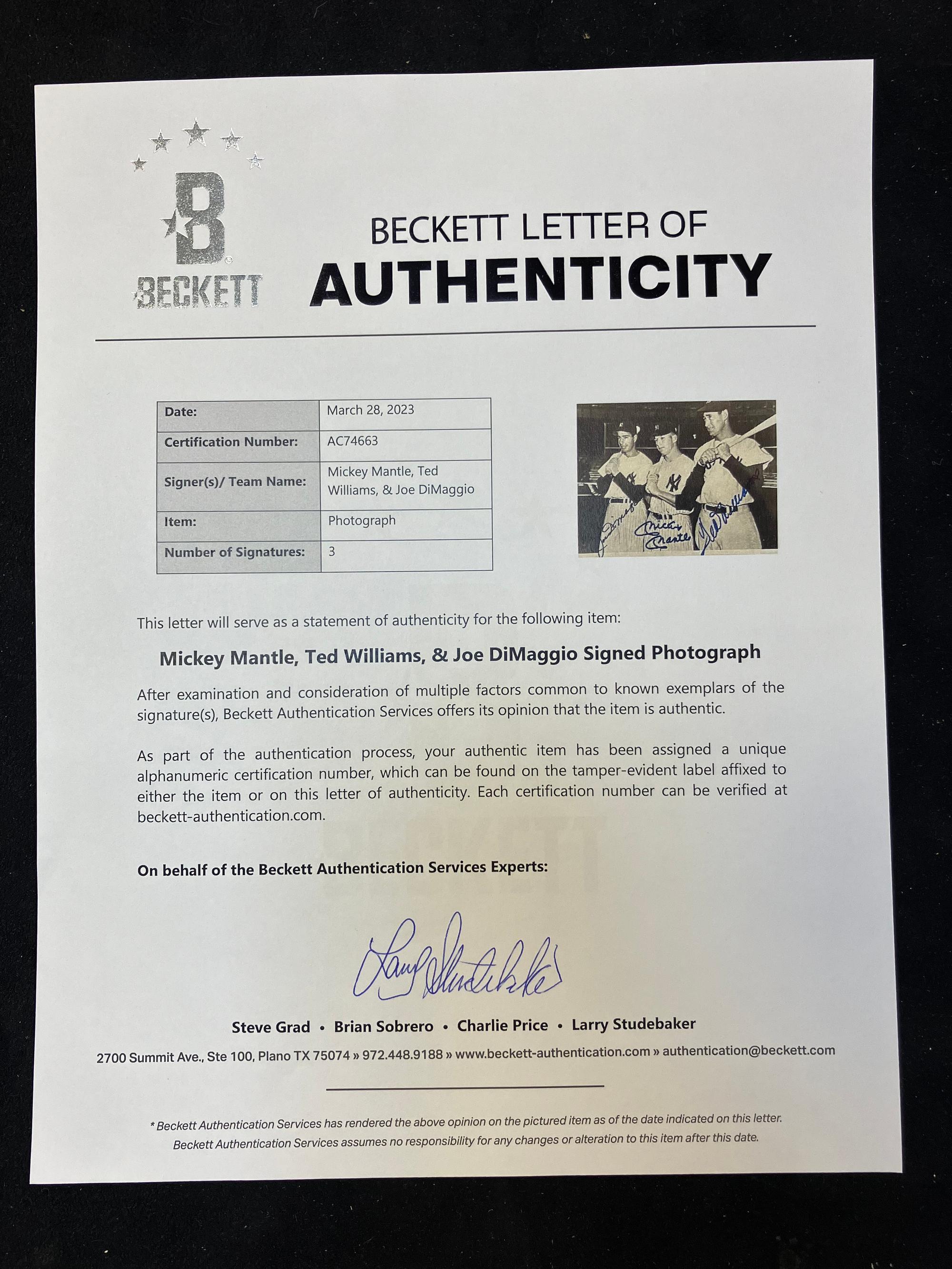 A Joe DiMaggio, Mickey Mantle and Ted Williams Triple Signed Autograph Photograph (Beckett Authentication Services Letter),