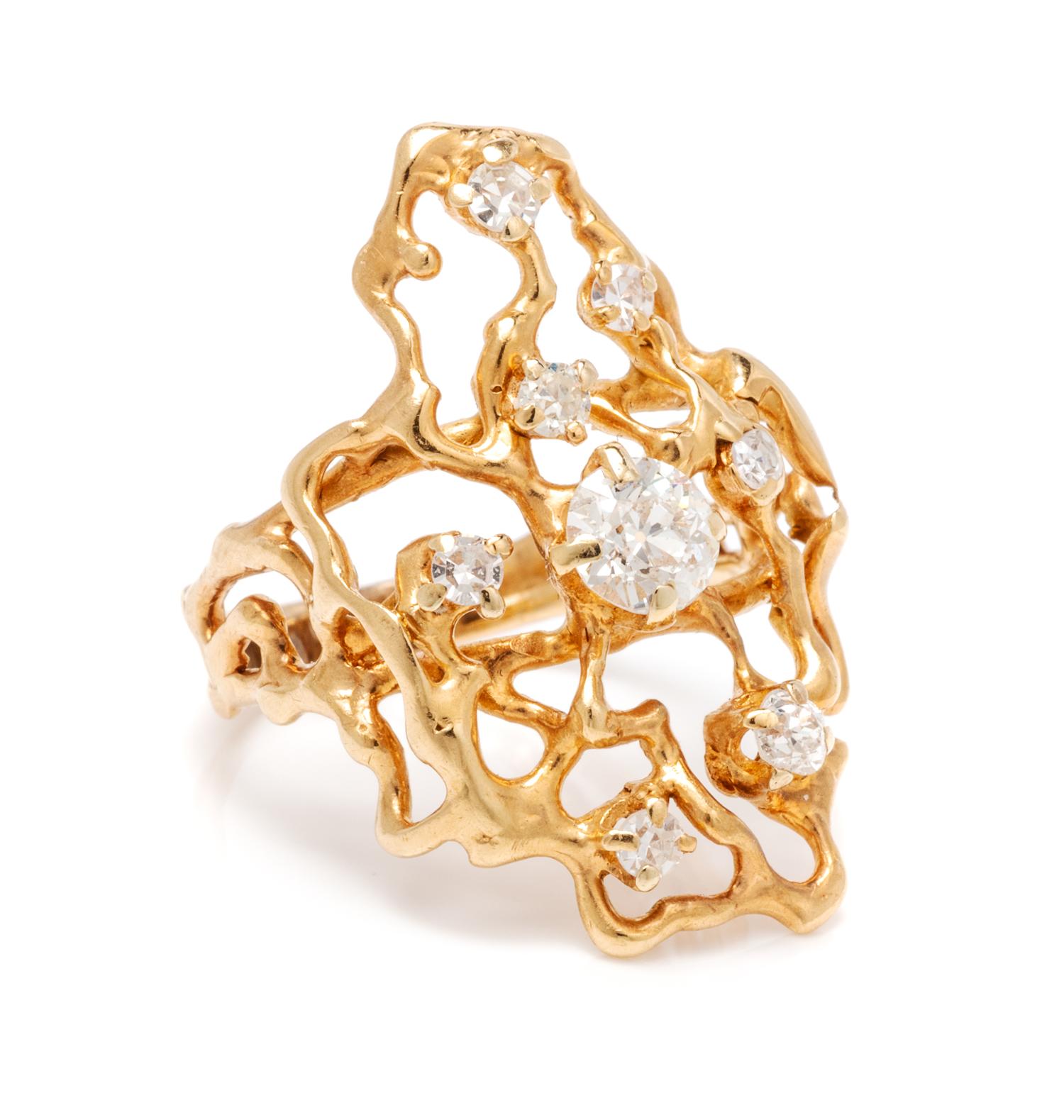 A Brutalist Yellow Gold and Diamond Ring, 4.15 dwts.
