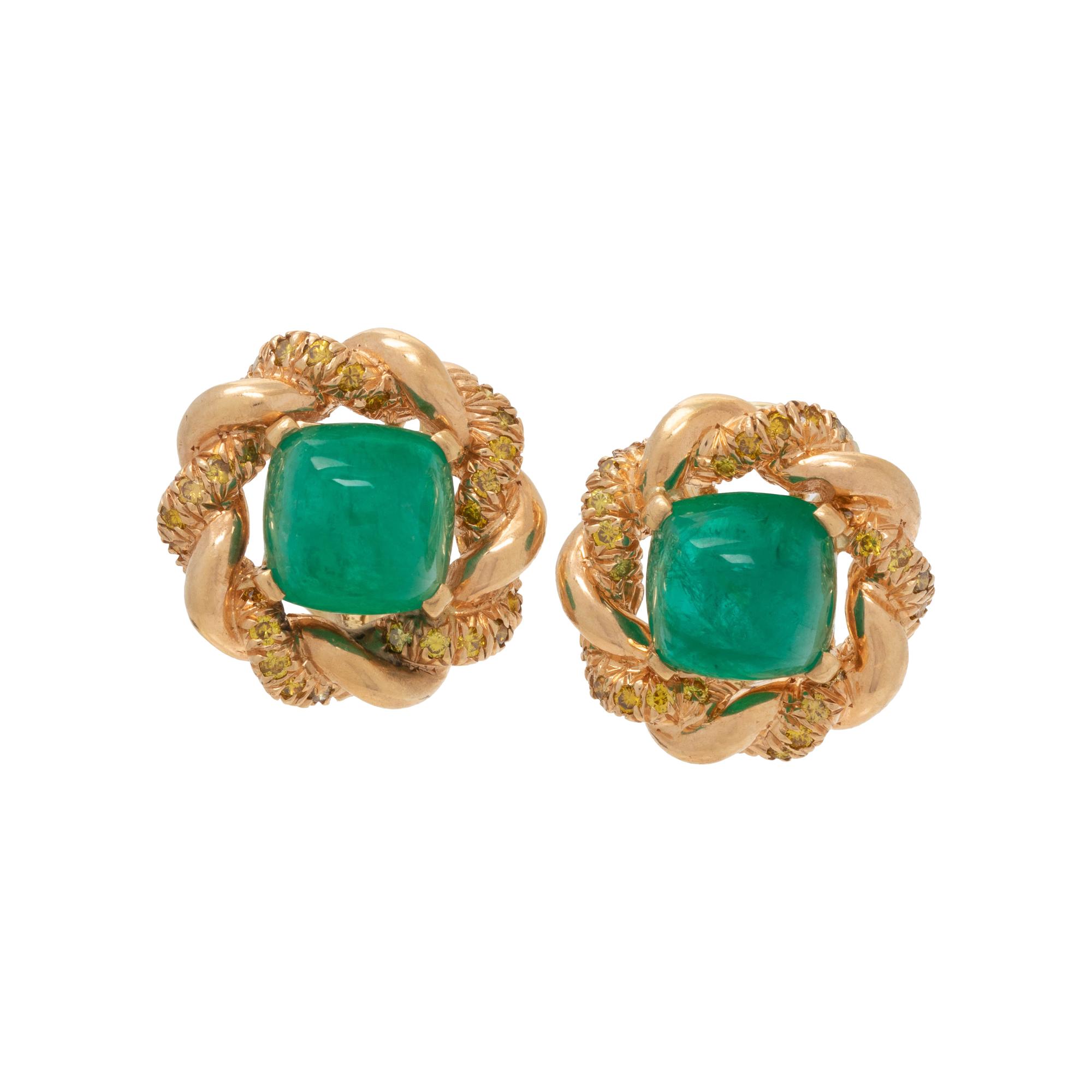 OSCAR HEYMAN & BROTHERS, YELLOW GOLD, EMERALD AND COLORED DIAMOND EARCLIPS