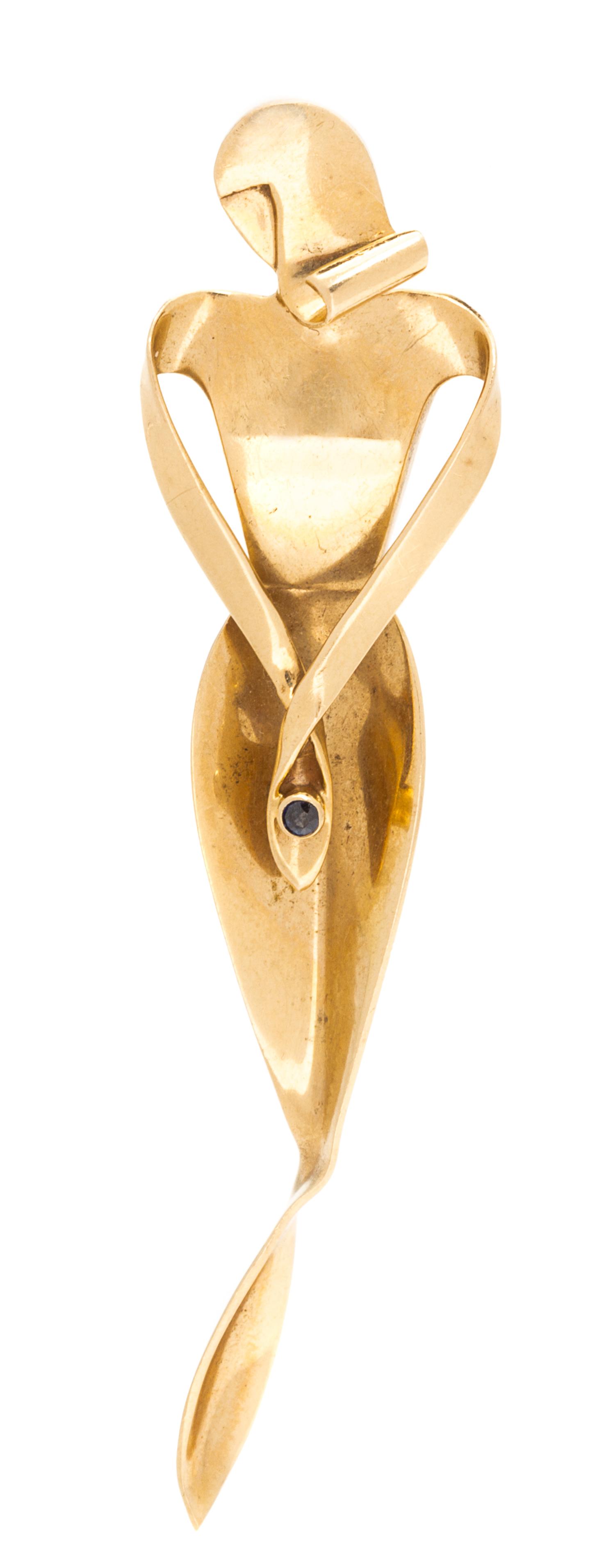 A Retro 14 Karat Rose Gold and Sapphire Brooch, Trabert & Hoeffer, 4.60 dwts.