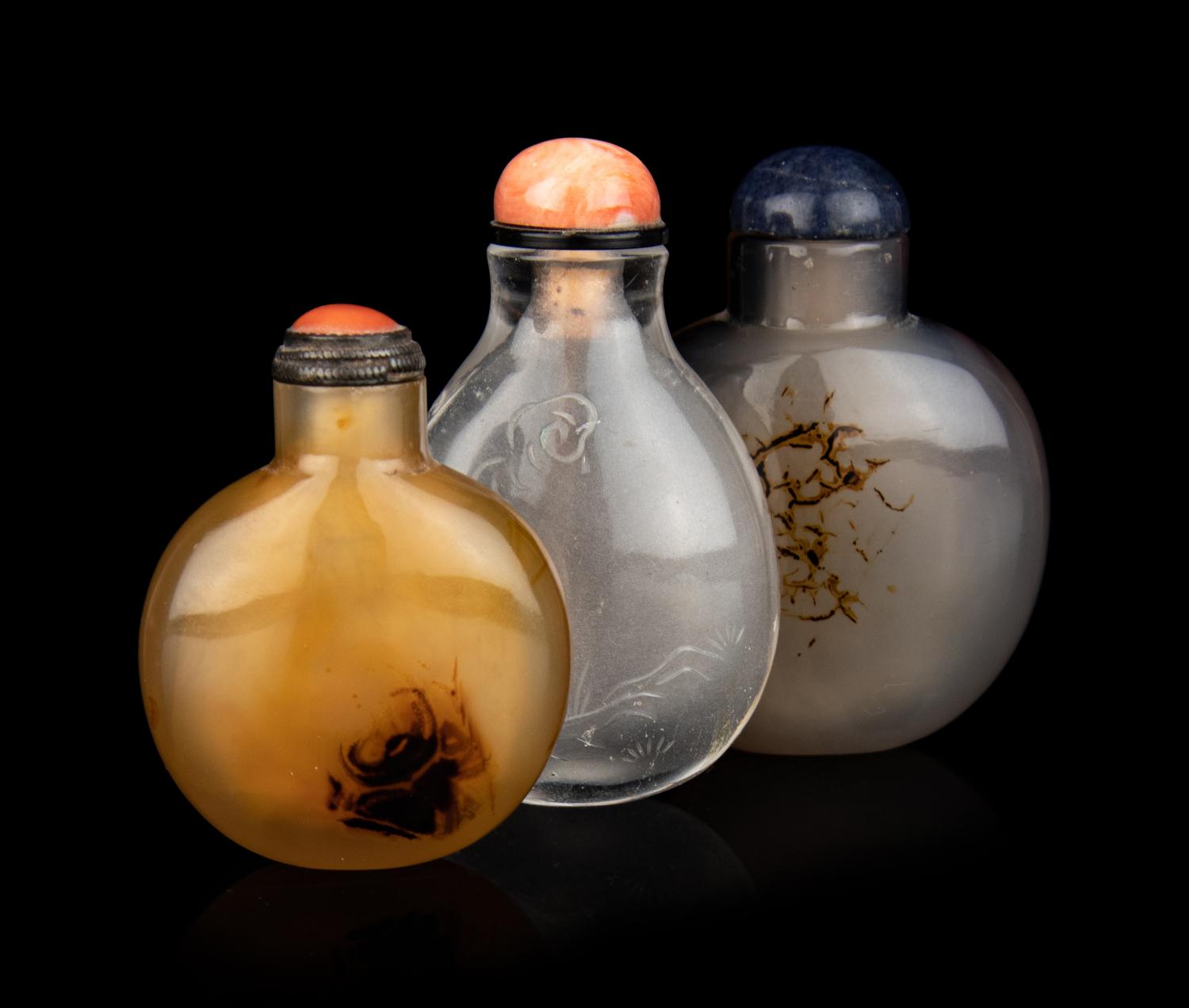 Three Chinese Hardstone Snuff Bottles