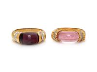 PAIR OF YELLOW GOLD AND MULTIGEM RINGS