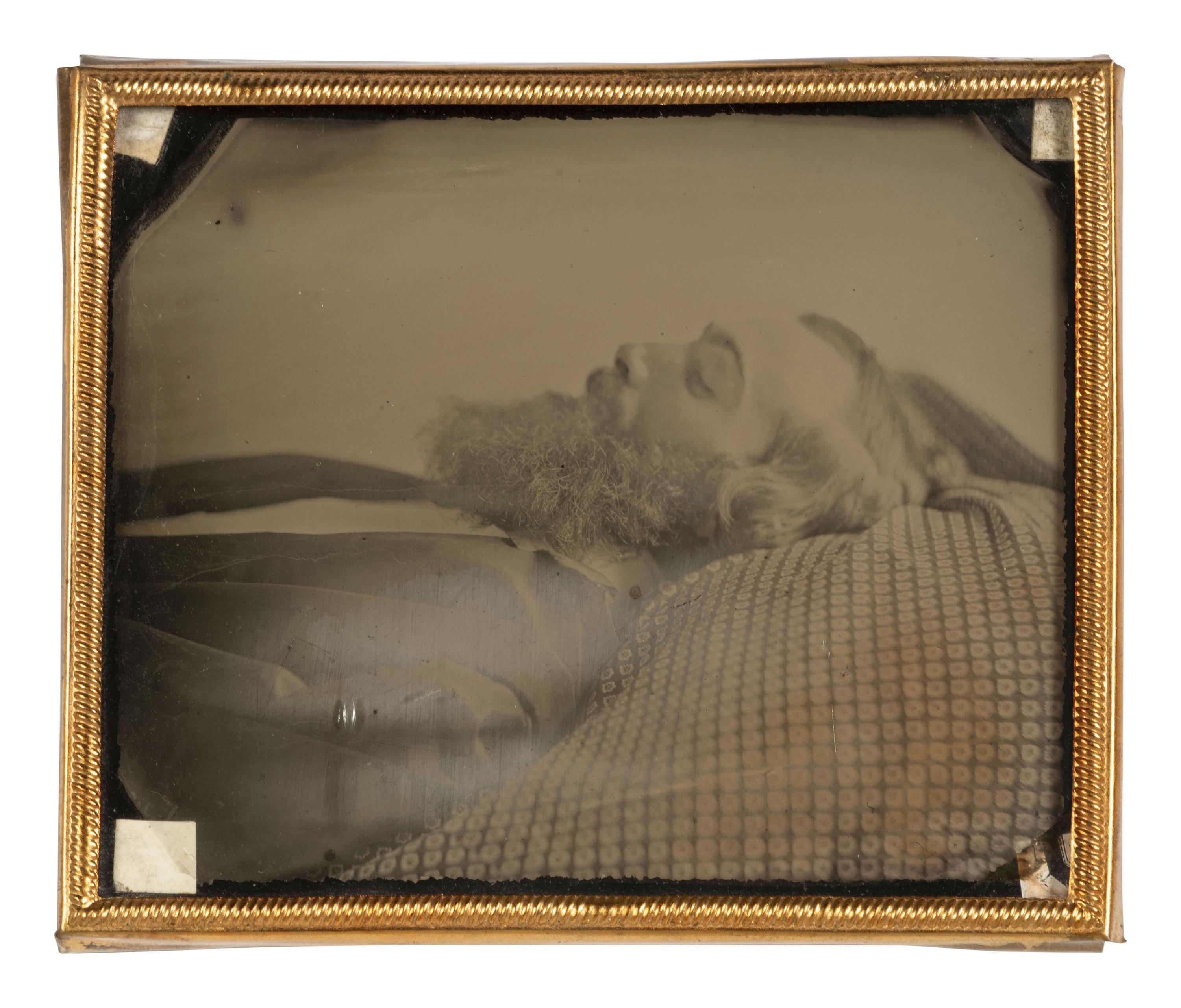 [EARLY PHOTOGRAPHY]. Sixth plate postmortem ambrotype of a bearded gentleman.