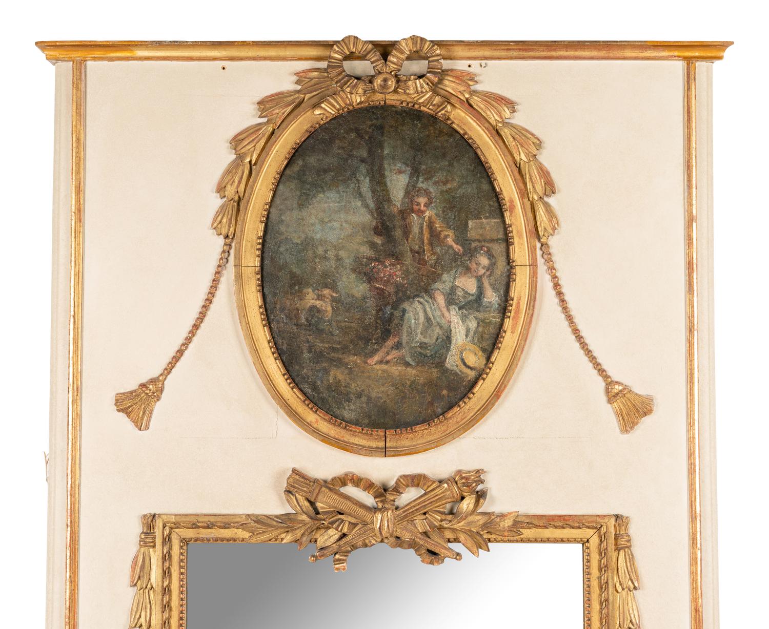 A French Painted and Parcel Gilt Trumeau Mirror