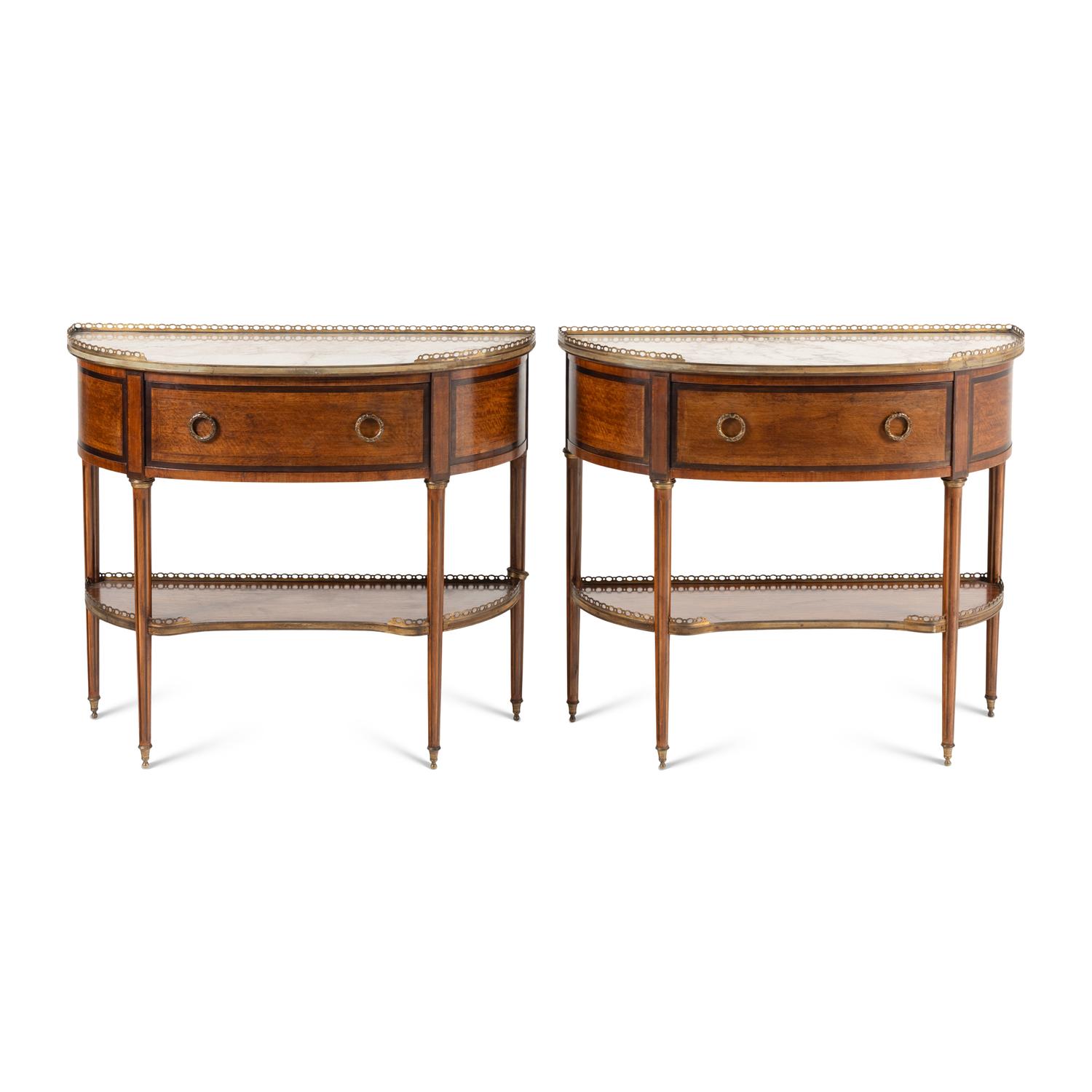 A Pair of Louis XVI Style Satinwood, Gilt Bronze Mounted and Marble-Top Console Tables