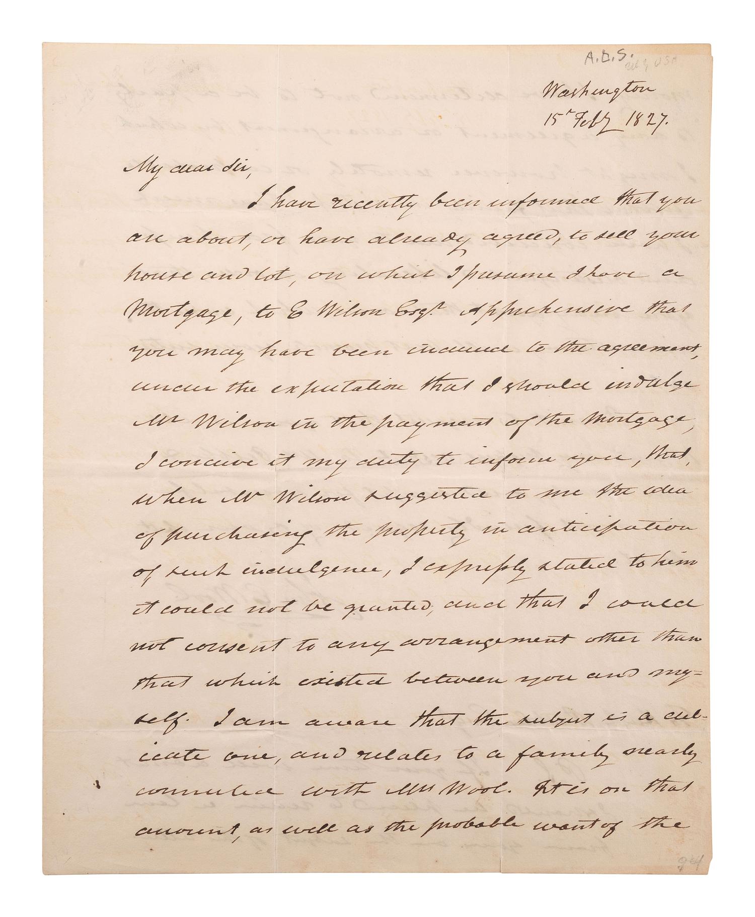 [CIVIL WAR]. WOOL, John E. (1784-1869). ALS ("John E. Wool"). Washington, 15 February 1827.