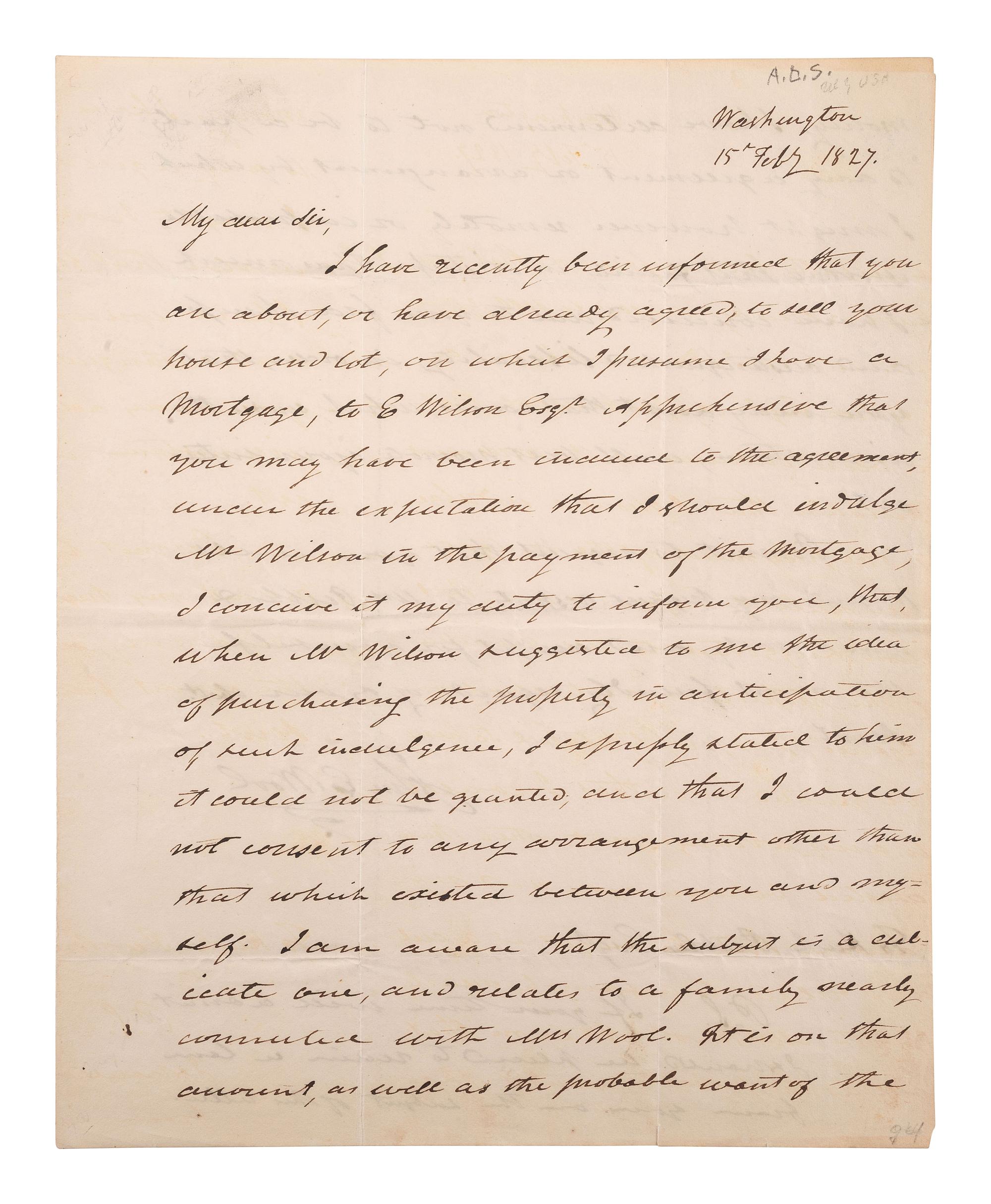 [CIVIL WAR]. WOOL, John E. (1784-1869). ALS ("John E. Wool"). Washington, 15 February 1827.