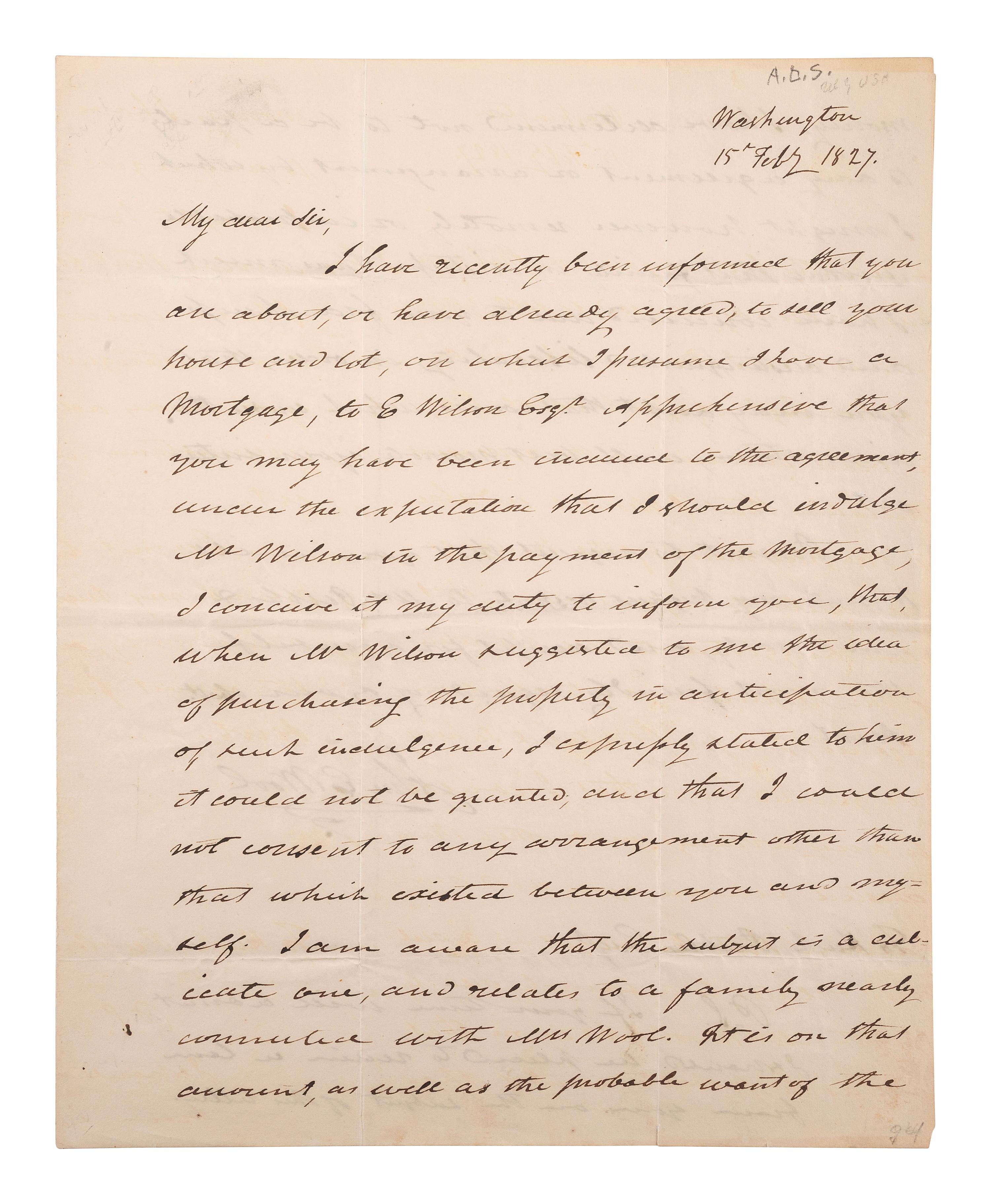 [CIVIL WAR]. WOOL, John E. (1784-1869). ALS ("John E. Wool"). Washington, 15 February 1827.
