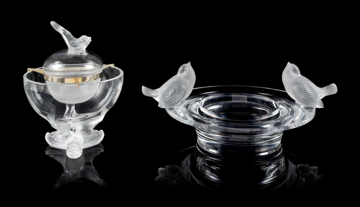Lalique, a molded and frosted glass Igor pattern caviar dish, together with a Lalique bowl in the Two Sparrows pattern