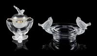 Lalique, a molded and frosted glass Igor pattern caviar dish, together with a Lalique bowl in the Two Sparrows pattern