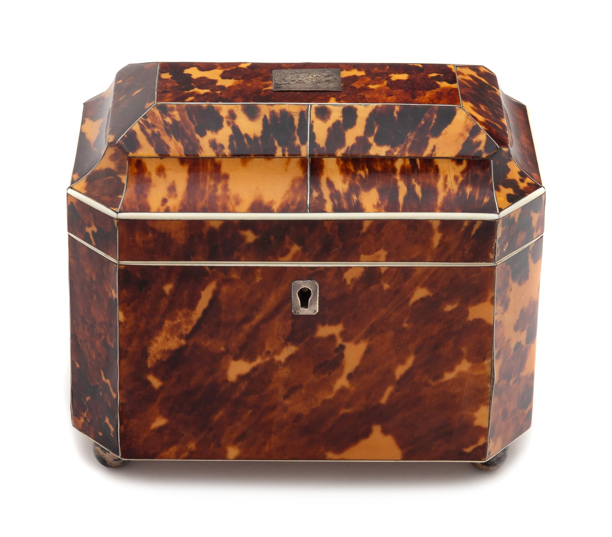 An English Silver Lined Tortoise Shell Tea Caddy Height 6 x width 6 3/4 inches. — 19TH CENTURY