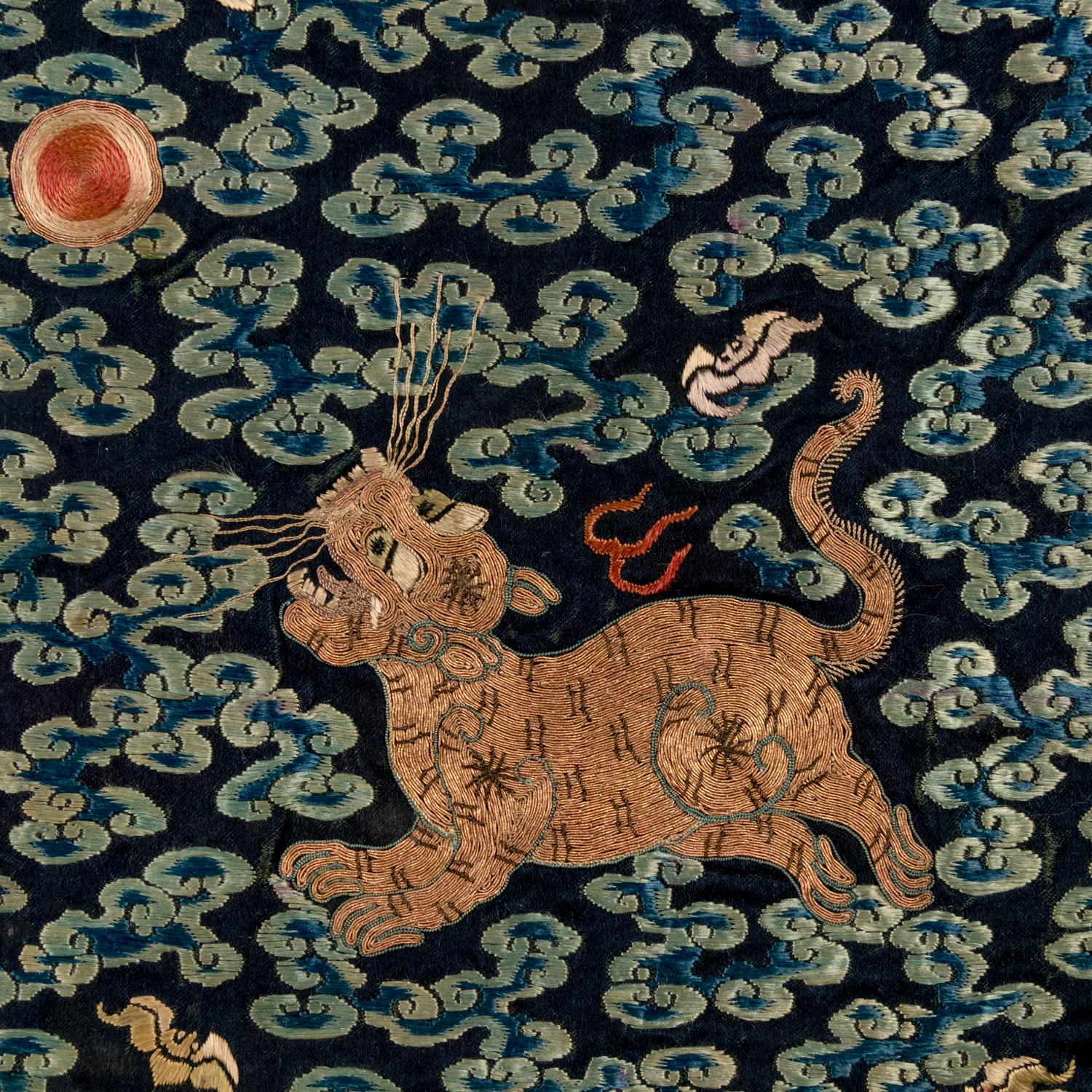 Five Chinese Embroidered Silk Military Official's Rank Badges, Buzi , 19th Century 清中晚期 刺綉補子五幅